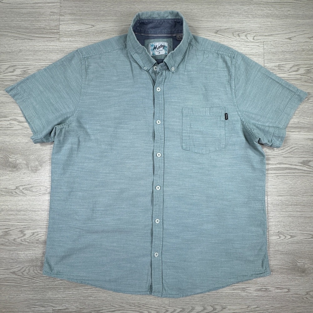 Hurley Mens Shirt Slub Button Down Short Sleeve Teal Blue‎ XL Pocket Casual